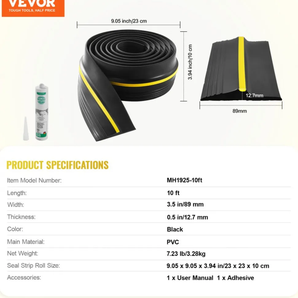 VEVOR Garage Door Threshold Seal Strip, 10 FT Universal Garage Door Floor Seal Strip with Adhesive, Garage Door Bottom Weatherproof Strip, Upgraded Thick PVC DIY Weather Stripping Replacement, Black