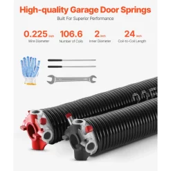 VEVOR Garage Door Torsion Springs, Pair of 0.225 x 2 x 24 in, 16000 Cycles, Electrophoresis Black Coated for Replacement, Garage Door Springs with Non-Slip Winding Bars, Gloves and Mounting Wrench
