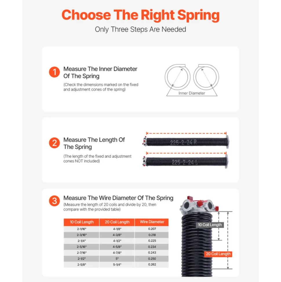 VEVOR Garage Door Torsion Springs, Pair of 0.225 x 2 x 24 in, 16000 Cycles, Electrophoresis Black Coated for Replacement, Garage Door Springs with Non-Slip Winding Bars, Gloves and Mounting Wrench