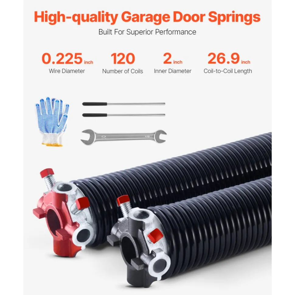 VEVOR Garage Door Torsion Springs, Pair of 0.207 x 2 x 24 in, 16000 Cycles, Electrophoresis Black Coated for Replacement, Garage Door Springs with Non-Slip Winding Bars, Gloves and Mounting Wrench