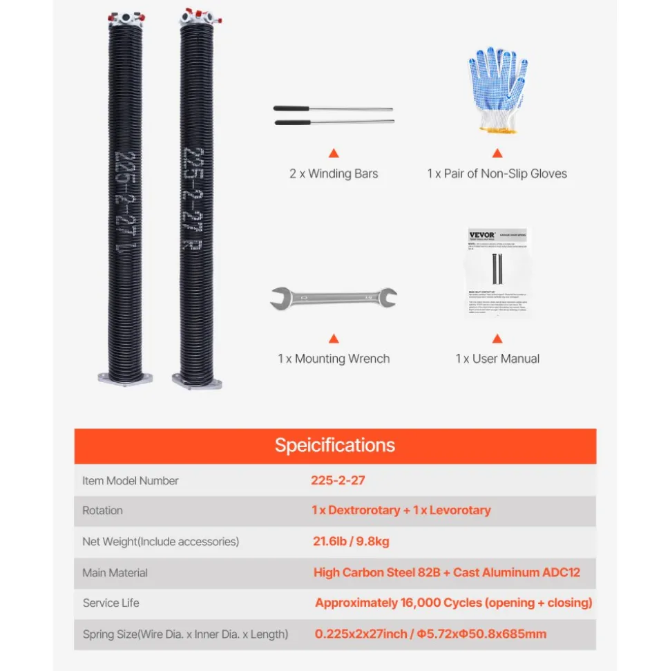 VEVOR Garage Door Torsion Springs, Pair of 0.207 x 2 x 24 in, 16000 Cycles, Electrophoresis Black Coated for Replacement, Garage Door Springs with Non-Slip Winding Bars, Gloves and Mounting Wrench