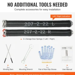 VEVOR Garage Door Torsion Springs, Pair of 0.207 x 2 x 22inch, 16000 Cycles, Garage Door Springs with Non-Slip Winding Bars, Gloves and Mounting Wrench, Electrophoresis Coated for Replacement
