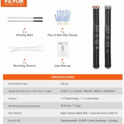 VEVOR Garage Door Torsion Springs, Pair of 0.207 x 2 x 22inch, 16000 Cycles, Garage Door Springs with Non-Slip Winding Bars, Gloves and Mounting Wrench, Electrophoresis Coated for Replacement