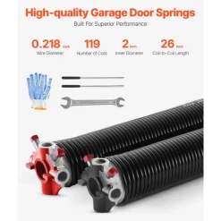 VEVOR Garage Door Torsion Springs, Pair of 0.218 x 2 x 26 in, 16000 Cycles, Electrophoresis Black Coated for Replacement, Garage Door Springs with Non-Slip Winding Bars, Gloves and Mounting Wrench