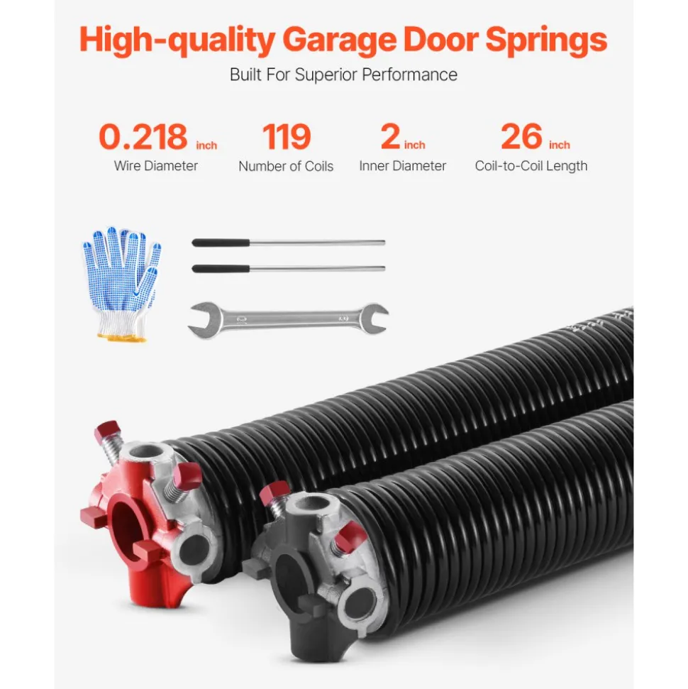 VEVOR Garage Door Torsion Springs, Pair of 0.218 x 2 x 26 in, 16000 Cycles, Electrophoresis Black Coated for Replacement, Garage Door Springs with Non-Slip Winding Bars, Gloves and Mounting Wrench
