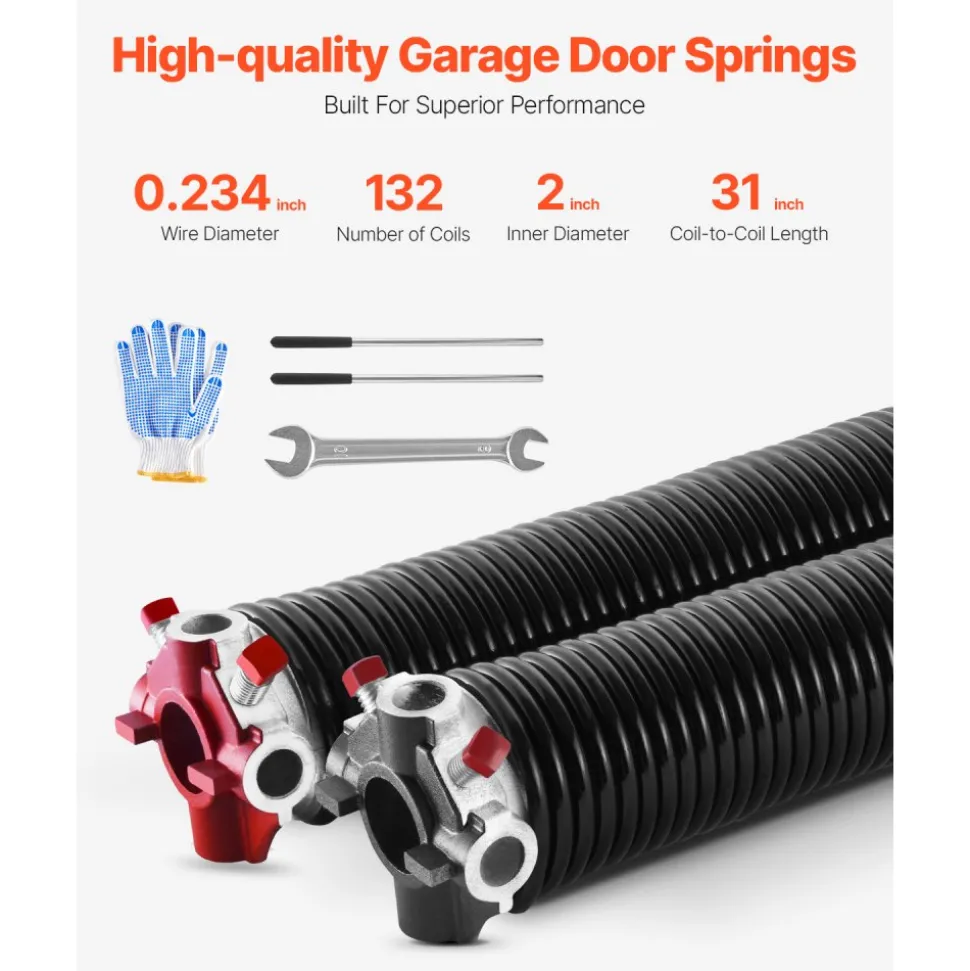 VEVOR Garage Door Torsion Springs, Pair of 0.25 x 2 x 32 in, 16000 Cycles, Electrophoresis Black Coated for Replacement, Garage Door Springs with Non-Slip Winding Bars, Gloves and Mounting Wrench