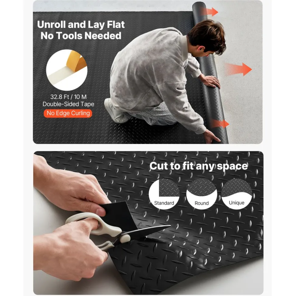 VEVOR Garage Floor Roll, 7.5 x 17 ft Garage Flooring Mat, 2.2 mm Thickened PVC Diamond Plate Floor Protector Mat with Double-sided Tape, Non-Slip, Easy to Clean for Warehouse, Gyms, Trailer, Black