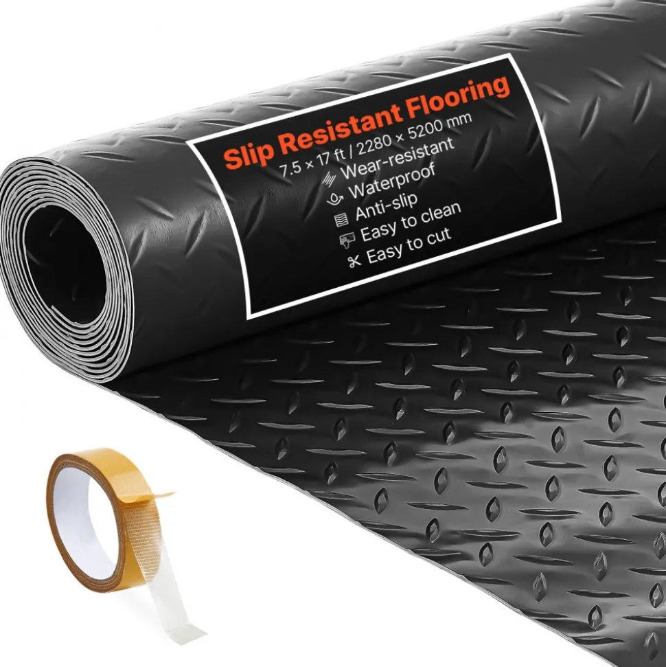 VEVOR Garage Floor Roll, 7.5 x 17 ft Garage Flooring Mat, 2.2 mm Thickened PVC Diamond Plate Floor Protector Mat with Double-sided Tape, Non-Slip, Easy to Clean for Warehouse, Gyms, Trailer, Black