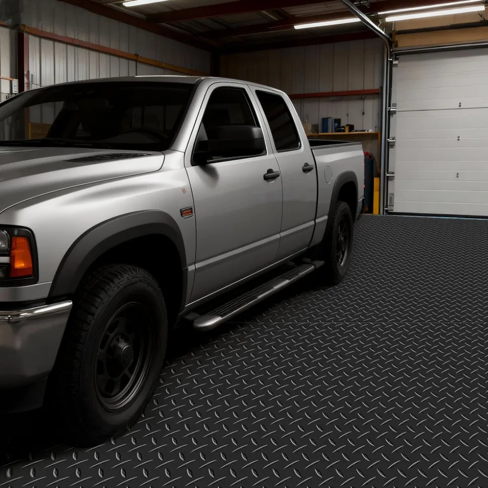 VEVOR Garage Floor Roll, 4 x 7 ft Garage Flooring Mat, 2.2 mm Thickened PVC Diamond Plate Floor Protector Mat with Double-sided Tape, Non-Slip, Easy to Clean for Warehouse, Gyms, Trailer, Black
