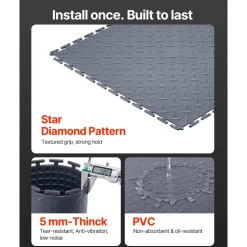 VEVOR Garage Floor Tiles Interlocking, 16 Pack 20.2 x 20.2 x 0.2 in Interlocking Modular Garage Flooring Tiles, Diamond Plate Slip-Resistant PVC Mats for Workshop,Warehouse,Tool Room, Graphite Gray