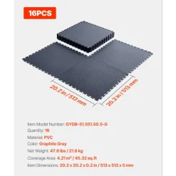 VEVOR Garage Floor Tiles Interlocking, 16 Pack 20.2 x 20.2 x 0.2 in Interlocking Modular Garage Flooring Tiles, Diamond Plate Slip-Resistant PVC Mats for Workshop,Warehouse,Tool Room, Graphite Gray