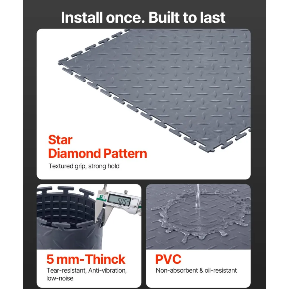 VEVOR Garage Floor Tiles Interlocking, 8 Pack 20.2 x 20.2 x 0.2 in Interlocking Modular Garage Flooring Tiles, Diamond Plate Slip-Resistant PVC Mats for Workshop,Warehouse,Tool Room, Graphite Gray