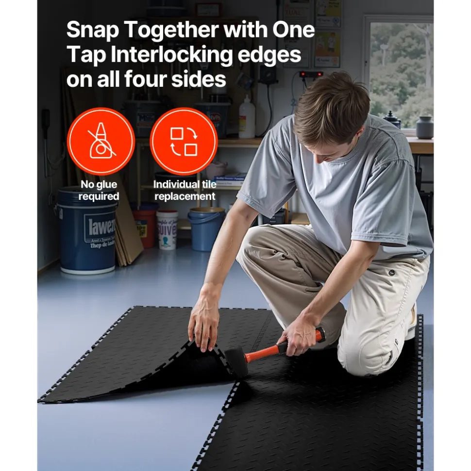 VEVOR Garage Floor Tiles Interlocking, 8 Pack 20.2 x 20.2 x 0.2 in Interlocking Modular Garage Flooring Tiles, Diamond Plate Slip-Resistant PVC Mats for Workshop,Warehouse,Tool Room, Black