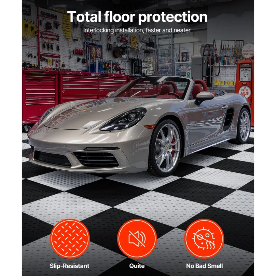 VEVOR Garage Floor Tiles Interlocking, 8 Pack 20.2 x 20.2 x 0.2 in Interlocking Modular Garage Flooring Tiles, Diamond Plate Slip-Resistant PVC Mats for Workshop,Warehouse,Tool Room, Black