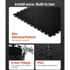 VEVOR Garage Floor Tiles Interlocking, 8 Pack 20.2 x 20.2 x 0.2 in Interlocking Modular Garage Flooring Tiles, Diamond Plate Slip-Resistant PVC Mats for Workshop,Warehouse,Tool Room, Black