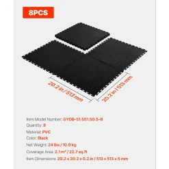 VEVOR Garage Floor Tiles Interlocking, 8 Pack 20.2 x 20.2 x 0.2 in Interlocking Modular Garage Flooring Tiles, Diamond Plate Slip-Resistant PVC Mats for Workshop,Warehouse,Tool Room, Black