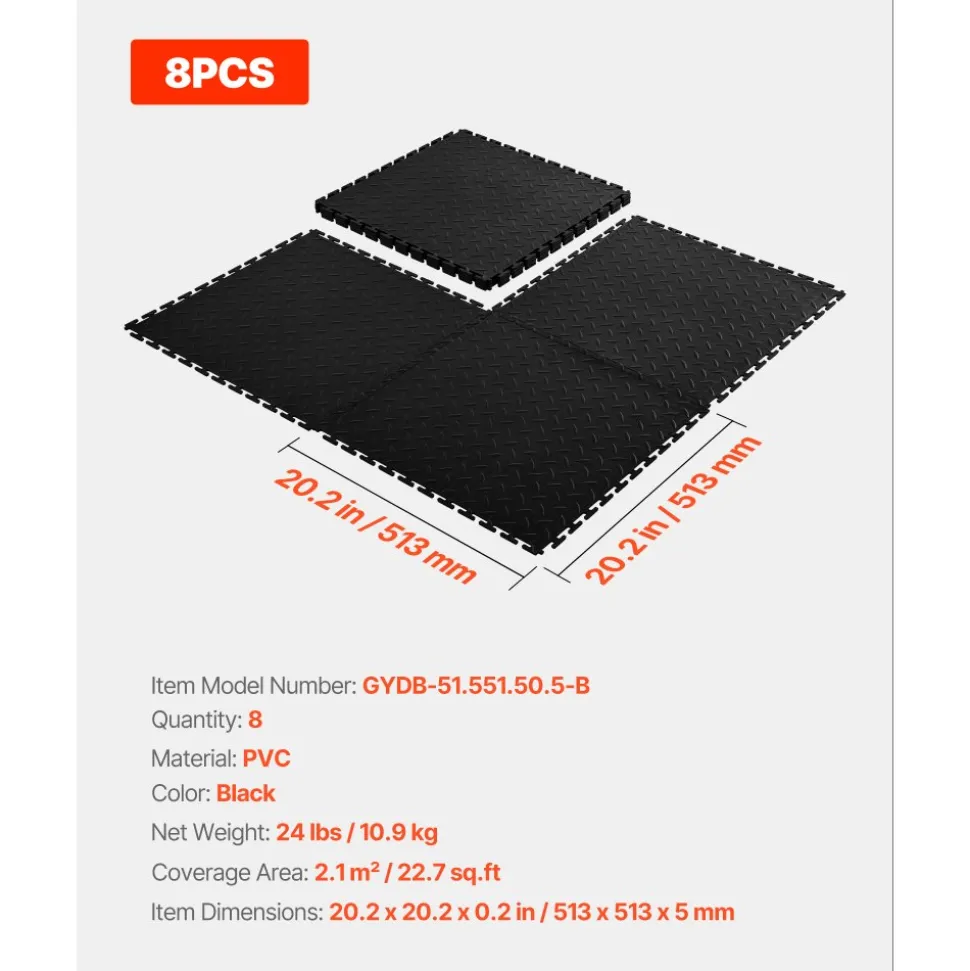 VEVOR Garage Floor Tiles Interlocking, 8 Pack 20.2 x 20.2 x 0.2 in Interlocking Modular Garage Flooring Tiles, Diamond Plate Slip-Resistant PVC Mats for Workshop,Warehouse,Tool Room, Black