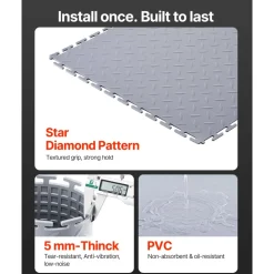 VEVOR Garage Floor Tiles Interlocking, 16 Pack 20.2 x 20.2 x 0.2 in Interlocking Modular Garage Flooring Tiles, Diamond Plate Slip-Resistant PVC Mats for Workshop,Warehouse,Tool Room, Black