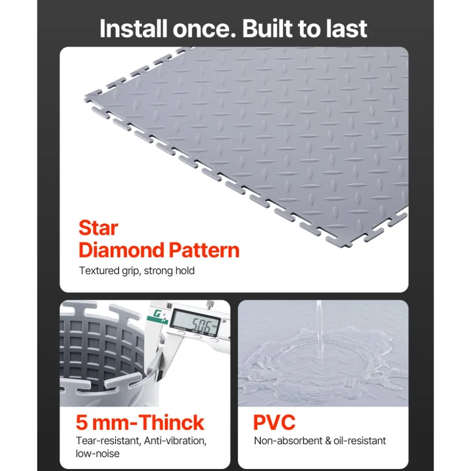VEVOR Garage Floor Tiles Interlocking, 16 Pack 20.2 x 20.2 x 0.2 in Interlocking Modular Garage Flooring Tiles, Diamond Plate Slip-Resistant PVC Mats for Workshop,Warehouse,Tool Room, Black