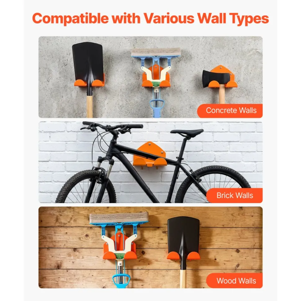 VEVOR Garage Organizer Trimmer Rack 5.9 Inch 2 Pack 180 lbs Total Load, Wall Mount Garden Power Tool Hanger Weed Whackers Holder for Grass/Hedge Trimmer, Leaf Blower, Chainsaw, Garden Tools, Orange