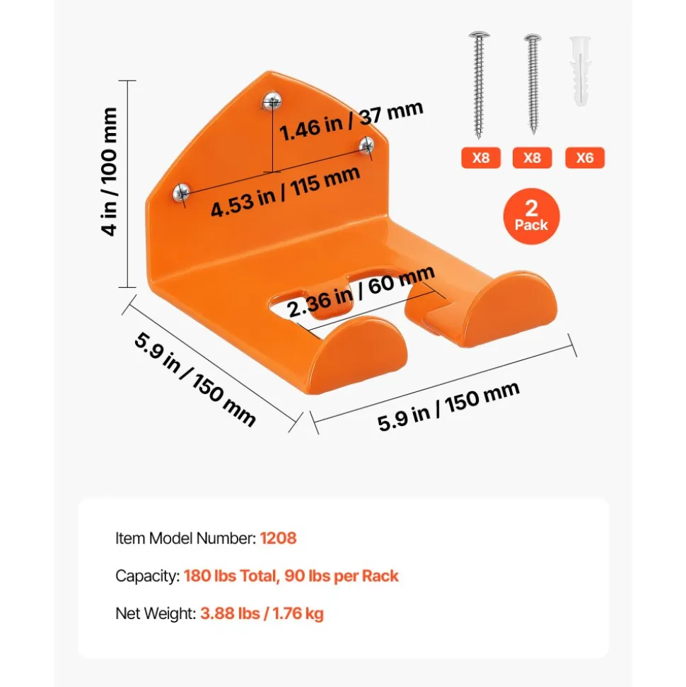 VEVOR Garage Organizer Trimmer Rack 5.9 Inch 2 Pack 180 lbs Total Load, Wall Mount Garden Power Tool Hanger Weed Whackers Holder for Grass/Hedge Trimmer, Leaf Blower, Chainsaw, Garden Tools, Orange