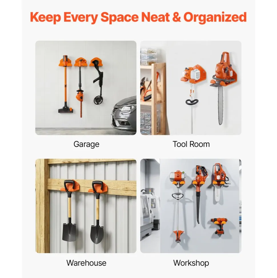 VEVOR Garage Organizer Trimmer Rack 5.9 Inch 2 Pack 180 lbs Total Load, Wall Mount Garden Power Tool Hanger Weed Whackers Holder for Grass/Hedge Trimmer, Leaf Blower, Chainsaw, Garden Tools, Orange