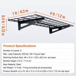 VEVOR Garage Storage Shelving, 2 Pack, 4 x 1 ft Heavy Duty Garage Shelves Wall Mounted, 400 lbs Load Capacity(Total) Garage Storage Rack Floating Shelves, Suitable for Shop, Shed, Garage Storage