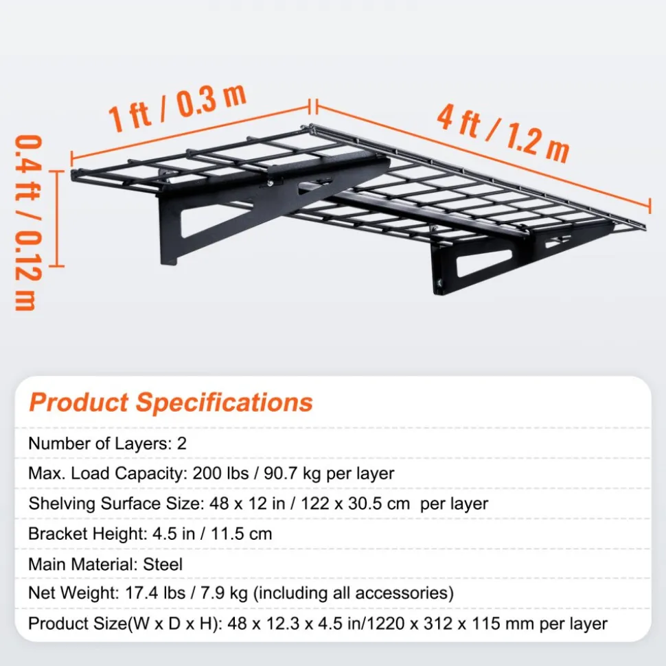 VEVOR Garage Storage Shelving, 2 Pack, 4 x 1 ft Heavy Duty Garage Shelves Wall Mounted, 400 lbs Load Capacity(Total) Garage Storage Rack Floating Shelves, Suitable for Shop, Shed, Garage Storage