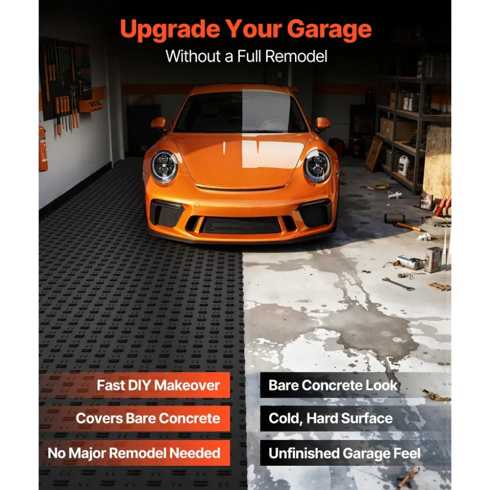 VEVOR Garage Tiles Interlocking, 12 x 12 x 0.53 inch 50 Pack Garage Floor Covering Tiles, Non-Slip Double-Sided Texture Garage Flooring Tiles, for Garages, Basements, Repair Shops, Black