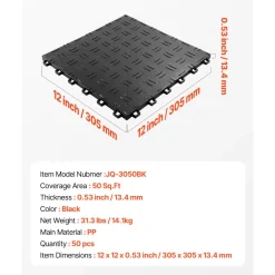 VEVOR Garage Tiles Interlocking, 12 x 12 x 0.53 inch 50 Pack Garage Floor Covering Tiles, Non-Slip Double-Sided Texture Garage Flooring Tiles, for Garages, Basements, Repair Shops, Black