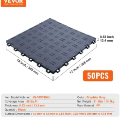 VEVOR Garage Tiles Interlocking, 12 x 12 x 0.53 inch 50 Pack Garage Floor Covering Tiles, Non-Slip Double-Sided Texture Garage Flooring Tiles, for Garages, Basements, Repair Shops, Red
