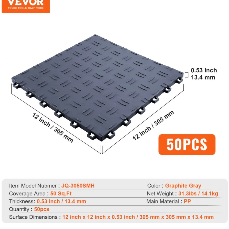 VEVOR Garage Tiles Interlocking, 12 x 12 x 0.53 inch 50 Pack Garage Floor Covering Tiles, Non-Slip Double-Sided Texture Garage Flooring Tiles, for Garages, Basements, Repair Shops, Red