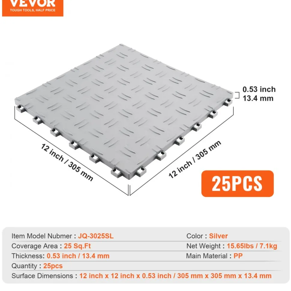 VEVOR Garage Tiles Interlocking, 12 x 12 x 0.53 inch 25 Pack Garage Floor Covering Tiles, Non-Slip Double-Sided Texture Garage Flooring Tiles, for Garages, Basements, Repair Shops, Red