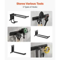 VEVOR Garage Tool Organizer 49.5 Inch 600 lbs Wall Mount Garden Tool Rack, Heavy Duty Garage Hanging Storage Rack Organization with 3 Rails and 9 Adjustable Hooks, for Yard Tools, Shovel, Rake, Shed