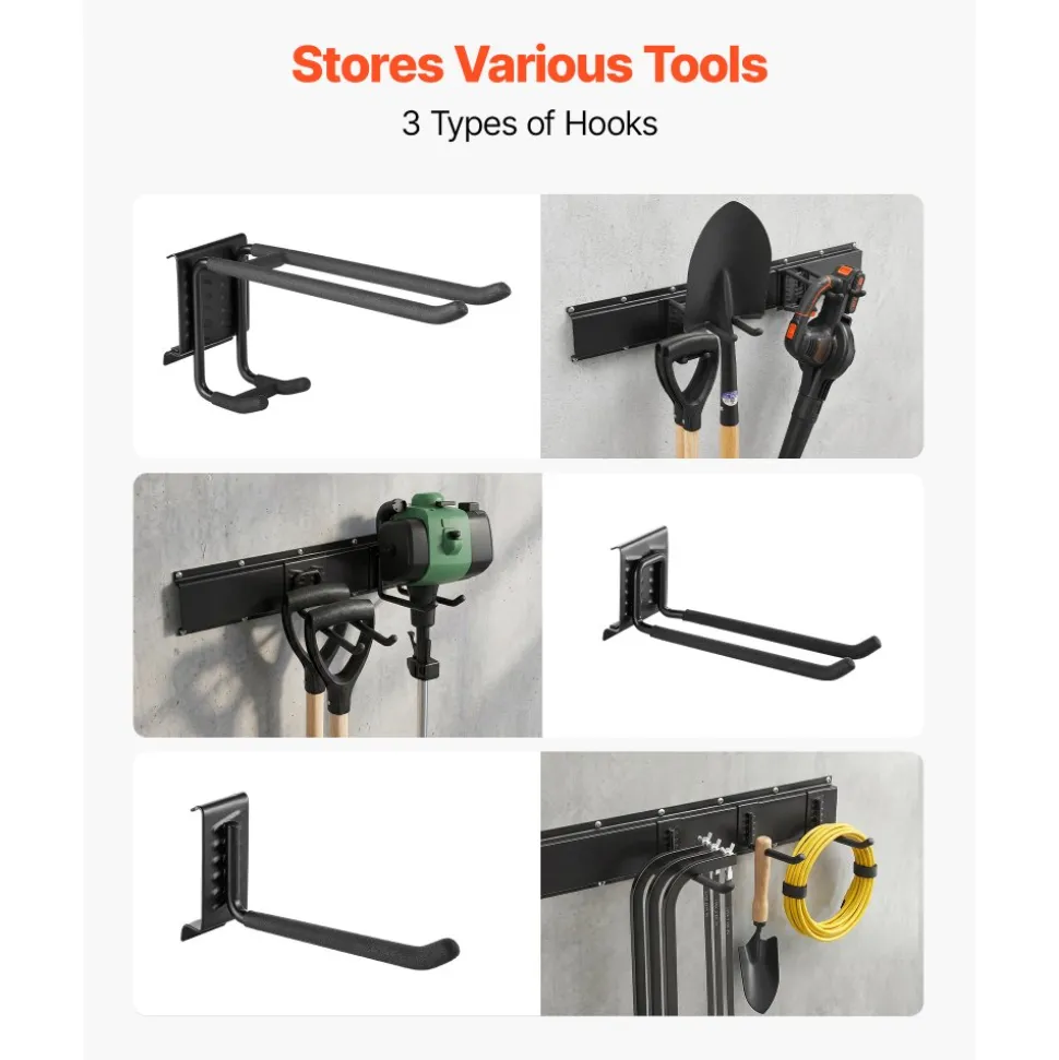 VEVOR Garage Tool Organizer 49.5 Inch 600 lbs Wall Mount Garden Tool Rack, Heavy Duty Garage Hanging Storage Rack Organization with 3 Rails and 9 Adjustable Hooks, for Yard Tools, Shovel, Rake, Shed