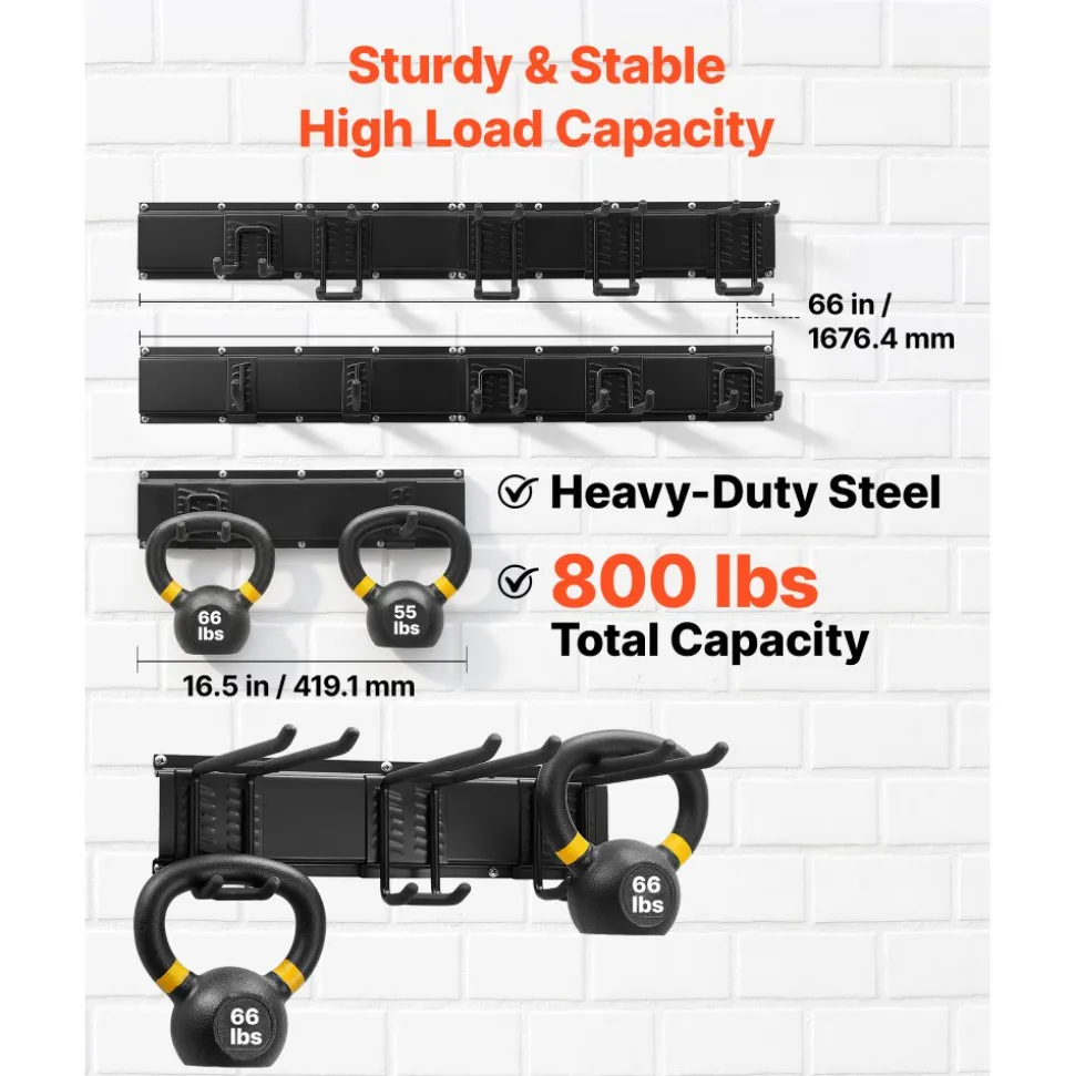 VEVOR Garage Tool Organizer 49.5 Inch 600 lbs Wall Mount Garden Tool Rack, Heavy Duty Garage Hanging Storage Rack Organization with 3 Rails and 9 Adjustable Hooks, for Yard Tools, Shovel, Rake, Shed
