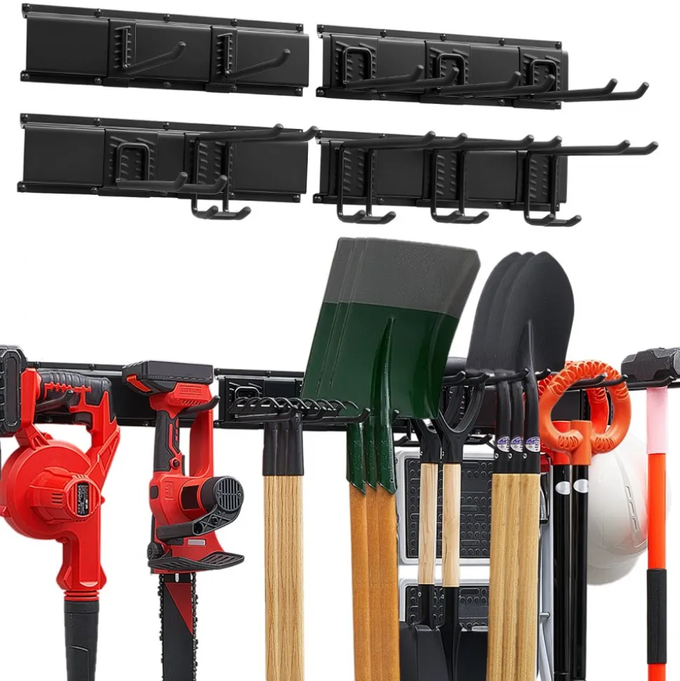 VEVOR Garage Tool Organizer 49.5 Inch 600 lbs Wall Mount Garden Tool Rack, Heavy Duty Garage Hanging Storage Rack Organization with 3 Rails and 9 Adjustable Hooks, for Yard Tools, Shovel, Rake, Shed