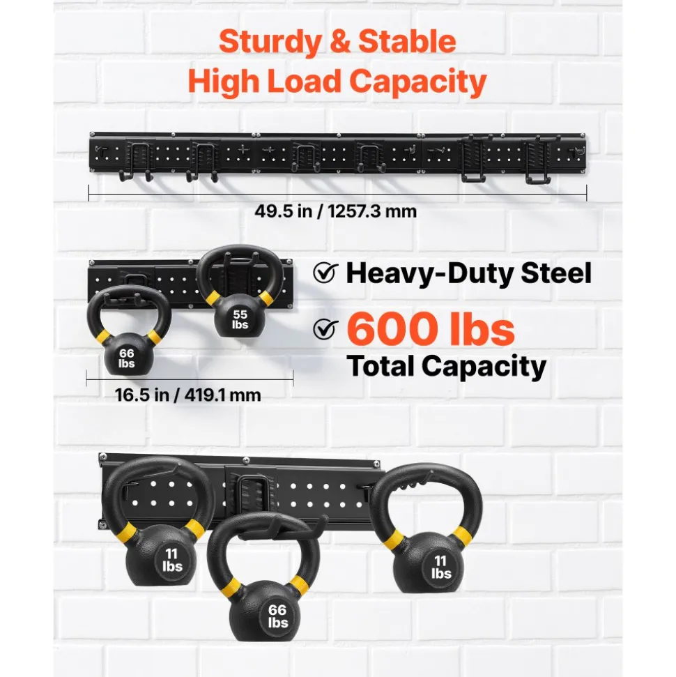 VEVOR Garage Tool Organizer 49.5 Inch 600 lbs Wall Mount Garden Tool Rack, Heavy Duty Garage Hanging Storage Rack Organization with 3 Rails and 12 Adjustable Hooks, for Yard Tools, Shovel, Rake, Shed
