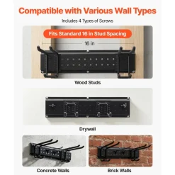 VEVOR Garage Tool Organizer 49.5 Inch 600 lbs Wall Mount Garden Tool Rack, Heavy Duty Garage Hanging Storage Rack Organization with 3 Rails and 12 Adjustable Hooks, for Yard Tools, Shovel, Rake, Shed
