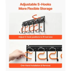 VEVOR Garage Tool Organizer 68 Inch 450 lbs Wall Mount Garden Tool Rack, Heavy Duty Hanging Storage Organization, 4 Rails with 24 Fixed L-Hooks, 20 Adjustable S-Hooks, for Yard Tools, Shovel, Shed
