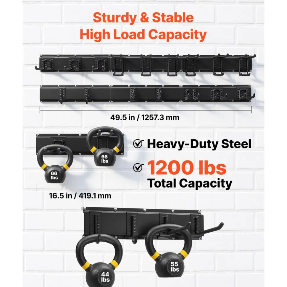 VEVOR Garage Tool Organizer 99 Inch 1200 lbs Wall Mount Garden Tool Rack, Heavy Duty Garage Hanging Storage Rack Organization with 6 Rails and 16 Adjustable Hooks, for Yard Tools, Shovel, Rake, Shed