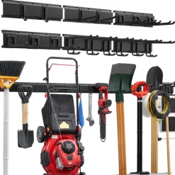 VEVOR Garage Tool Organizer 99 Inch 1200 lbs Wall Mount Garden Tool Rack, Heavy Duty Garage Hanging Storage Rack Organization with 6 Rails and 16 Adjustable Hooks, for Yard Tools, Shovel, Rake, Shed