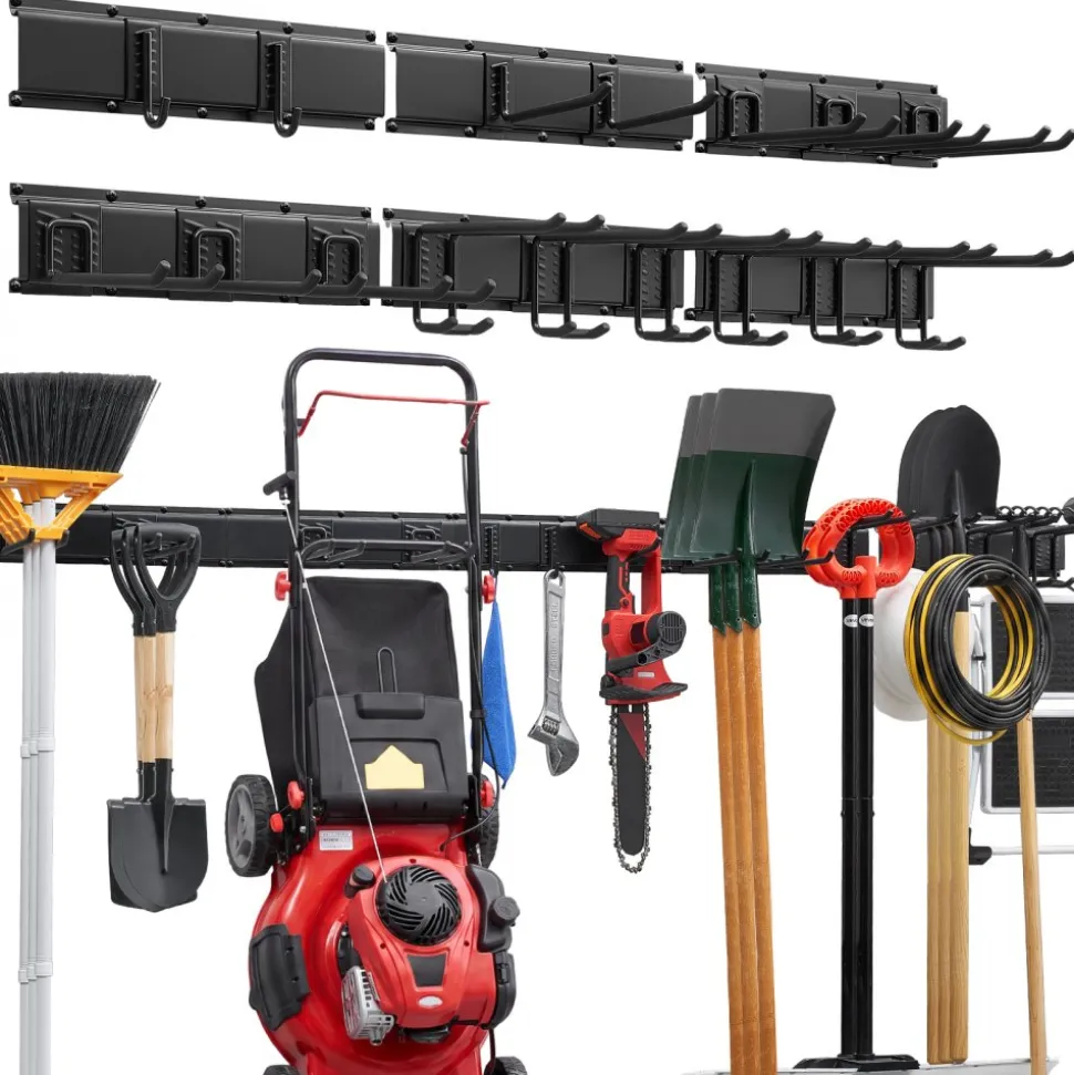 VEVOR Garage Tool Organizer 99 Inch 1200 lbs Wall Mount Garden Tool Rack, Heavy Duty Garage Hanging Storage Rack Organization with 6 Rails and 16 Adjustable Hooks, for Yard Tools, Shovel, Rake, Shed