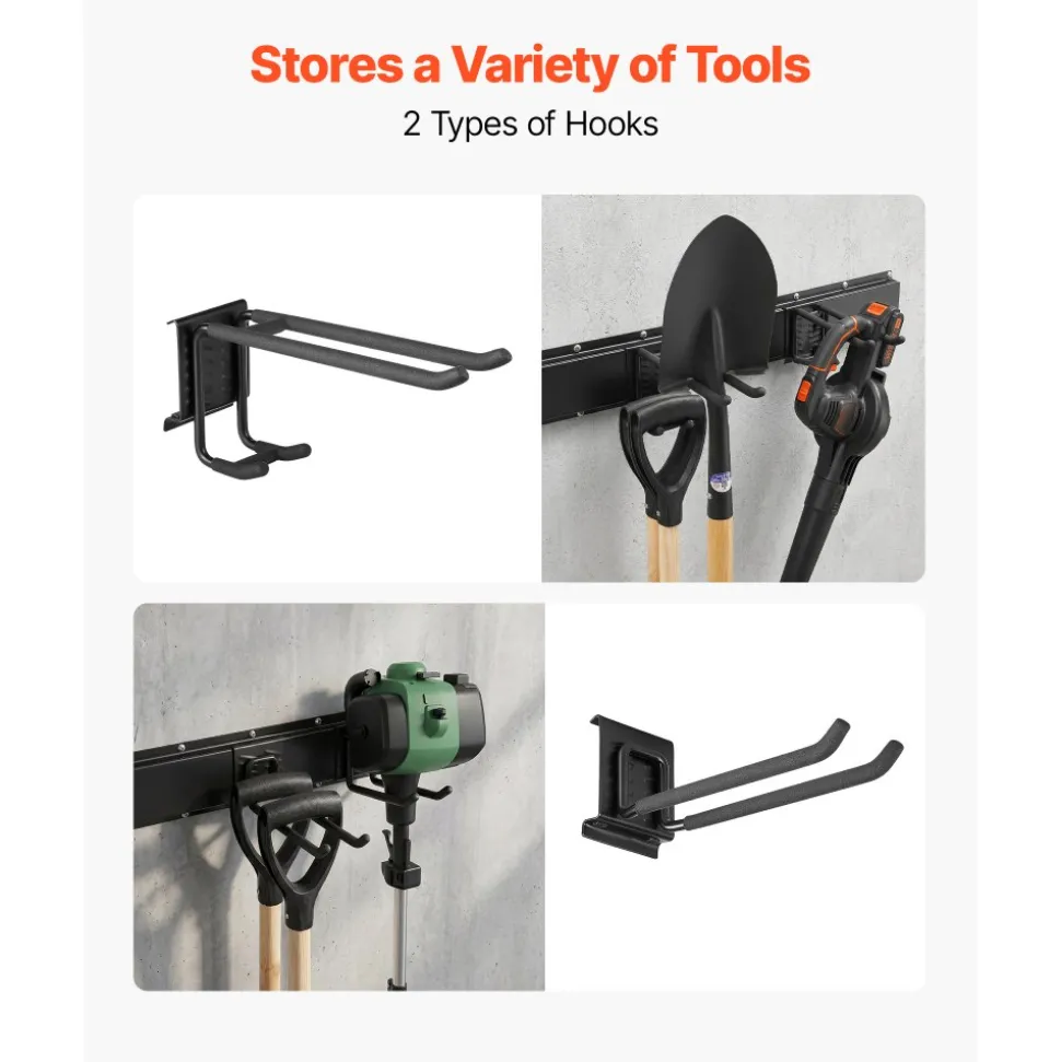 VEVOR Garage Tool Organizer 33 Inch 400 lbs Wall Mount Garden Tool Rack, Heavy Duty Garage Hanging Storage Rack Organization with 2 Rails and 5 Adjustable Hooks, for Yard Tools, Shovel, Rake, Shed