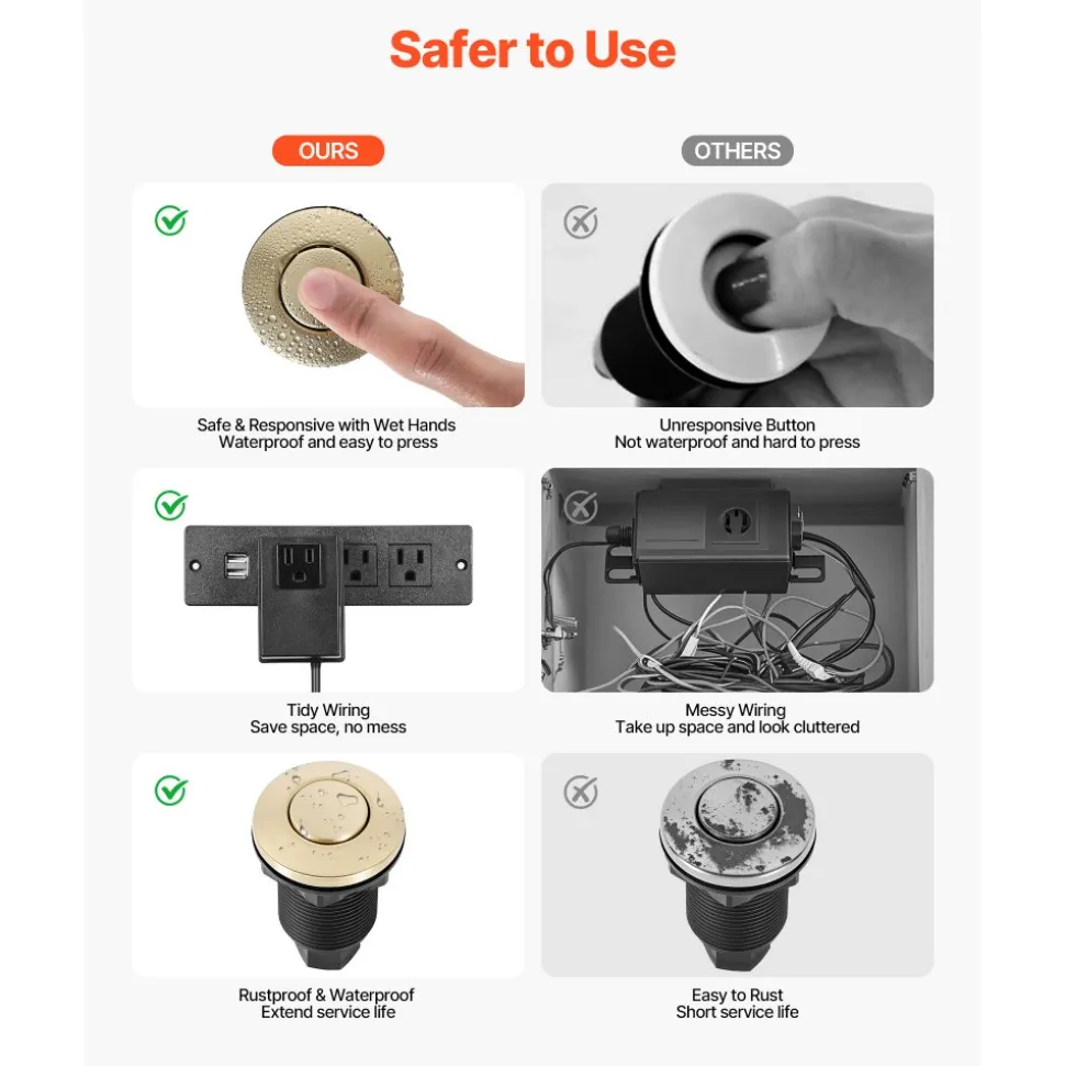 VEVOR Garbage Disposal Air Switch Kit, 2.5" Sink Top Air Switch for Food Waste Disposal, Brushed Gold Stainless Steel ON/OFF Air Button for Waste Disposer - Suitable for Stainless Steel Countertops