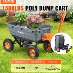 VEVOR Garden Cart, Durable Poly Dump Cart with Simple Assembly Steel Structure, Versatile Dump Wagon with Dual-Function Handle, Handy Wheelbarrow with 1500 lbs Load Capacity, 13 inch Wheels