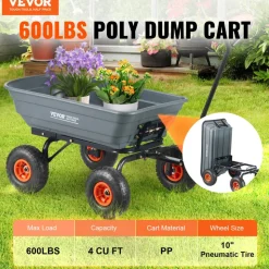 VEVOR Garden Cart, Durable Poly Dump Cart with Simple Assembly Steel Framework, Versatile Dump Cart with Dual-Function Handle, Handy Wheelbarrow with 600 lbs Load Capacity, 10 inch Wheels