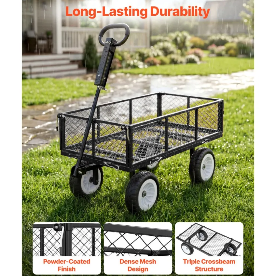 VEVOR Garden Cart, 900 LBS, Heavy Duty Steel Yard and Garden Utility Wagon with 10-Inch Tires, Outdoor Gardening Stool with Adjustable Handle, Detachable Side Panels, Attach to ATV or Tractor, Black