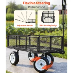 VEVOR Garden Cart, 900 LBS, Heavy Duty Steel Yard and Garden Utility Wagon with 10-Inch Tires, Outdoor Gardening Stool with Adjustable Handle, Detachable Side Panels, Attach to ATV or Tractor, Black
