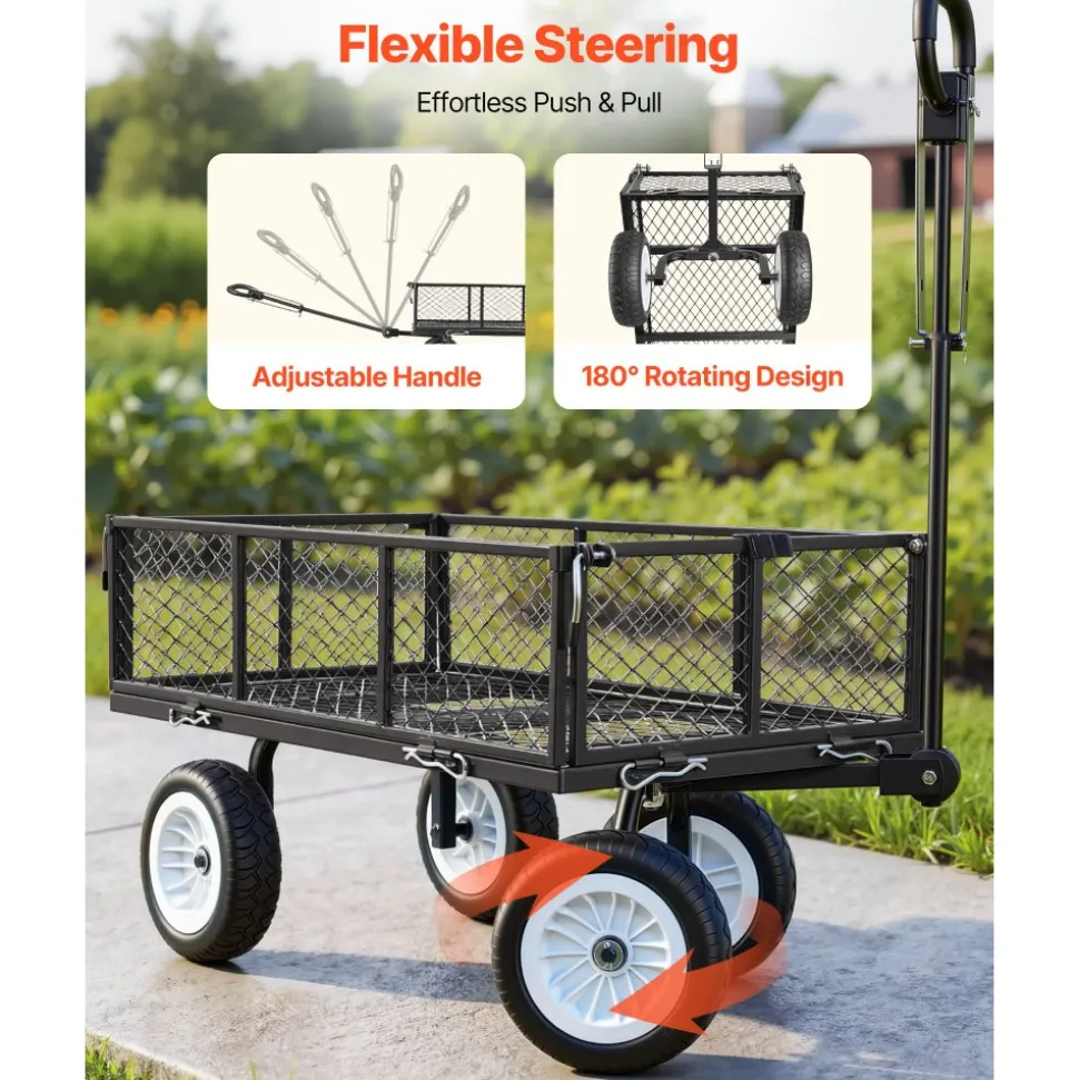 VEVOR Garden Cart, 900 LBS, Heavy Duty Steel Yard and Garden Utility Wagon with 10-Inch Tires, Outdoor Gardening Stool with Adjustable Handle, Detachable Side Panels, Attach to ATV or Tractor, Black